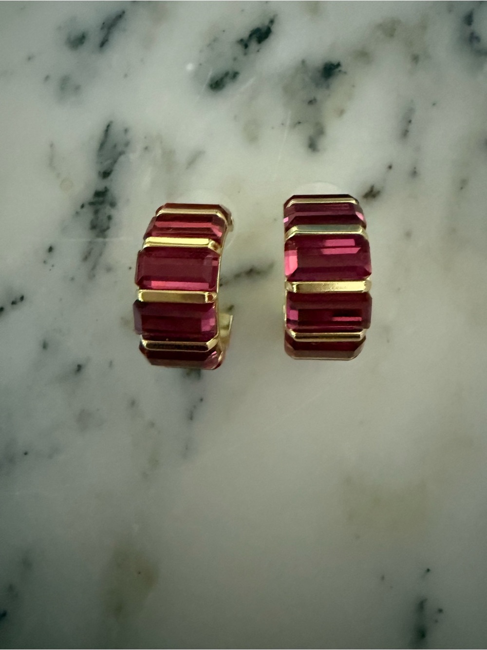 J. crew Gold-Tone Hoop Earrings with Deep Pink Rectangular Crystals